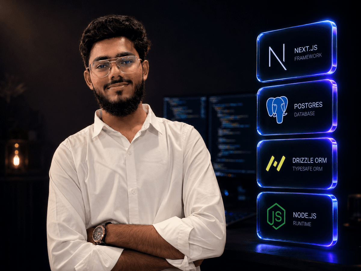 Umer Saiyad, Full Stack Developer from Surat, smiling in a white dress shirt with arms crossed, next to glowing digital panels showcasing Next.js, PostgreSQL, Drizzle ORM, and Node.js.